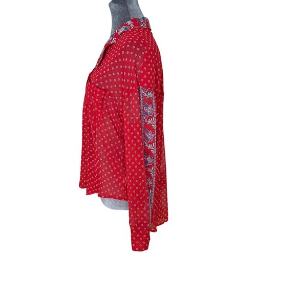 Free People Red Sheer Button-Up Blouse With Patterned Collar & Sleeves - S - Picture 2 of 4